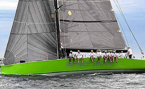 The bright green hull of Future Shock is leading the fleet in the 31st Pittwater to Coffs Harbour yacht race. The bright green hull of Future Shock is leading the fleet in the 31st Pittwater to Coffs Harbour yacht race.